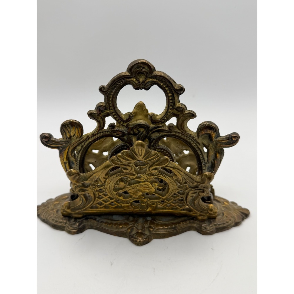 Vintage‎ Ornate Brass Letter Holder Victorian Cherub Heraldic Crest Mail Rack